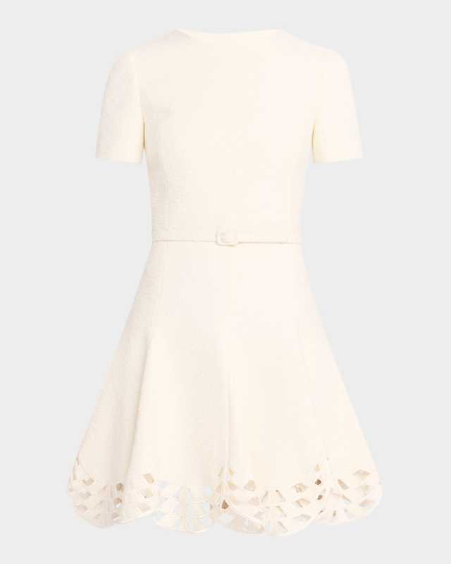 Short-Sleeve Cutout-Hem Tweed Mini Dress With Belt